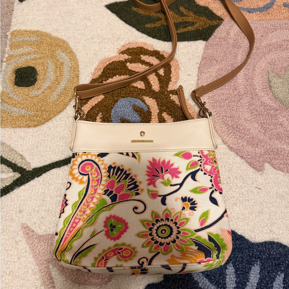 Spartina 449 Cream Floral Paisley Crossbody with Tan Strap; Perfect for spring